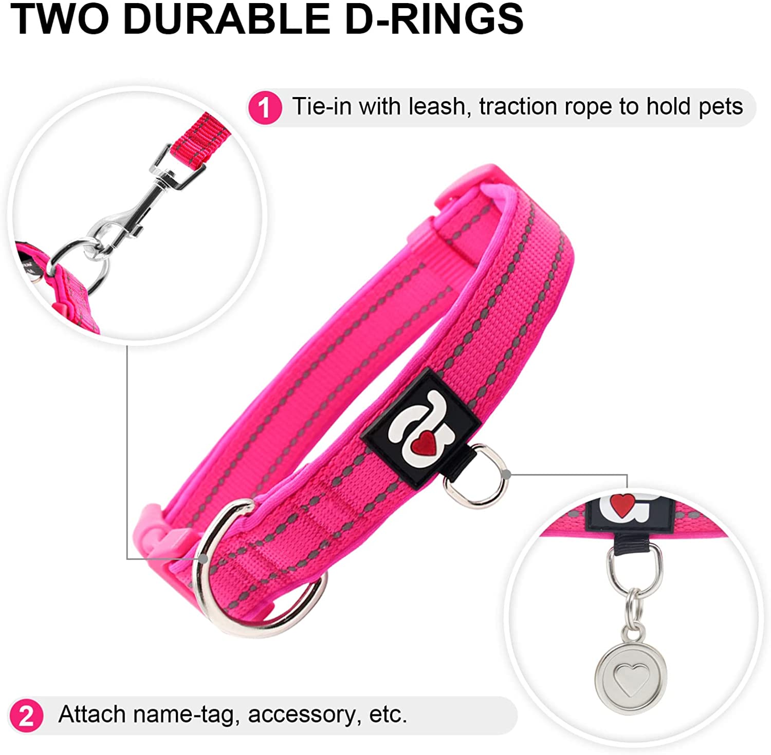 Azuza Reflective Dog Collar Neoprene Padded, Pink, Medium photo 3