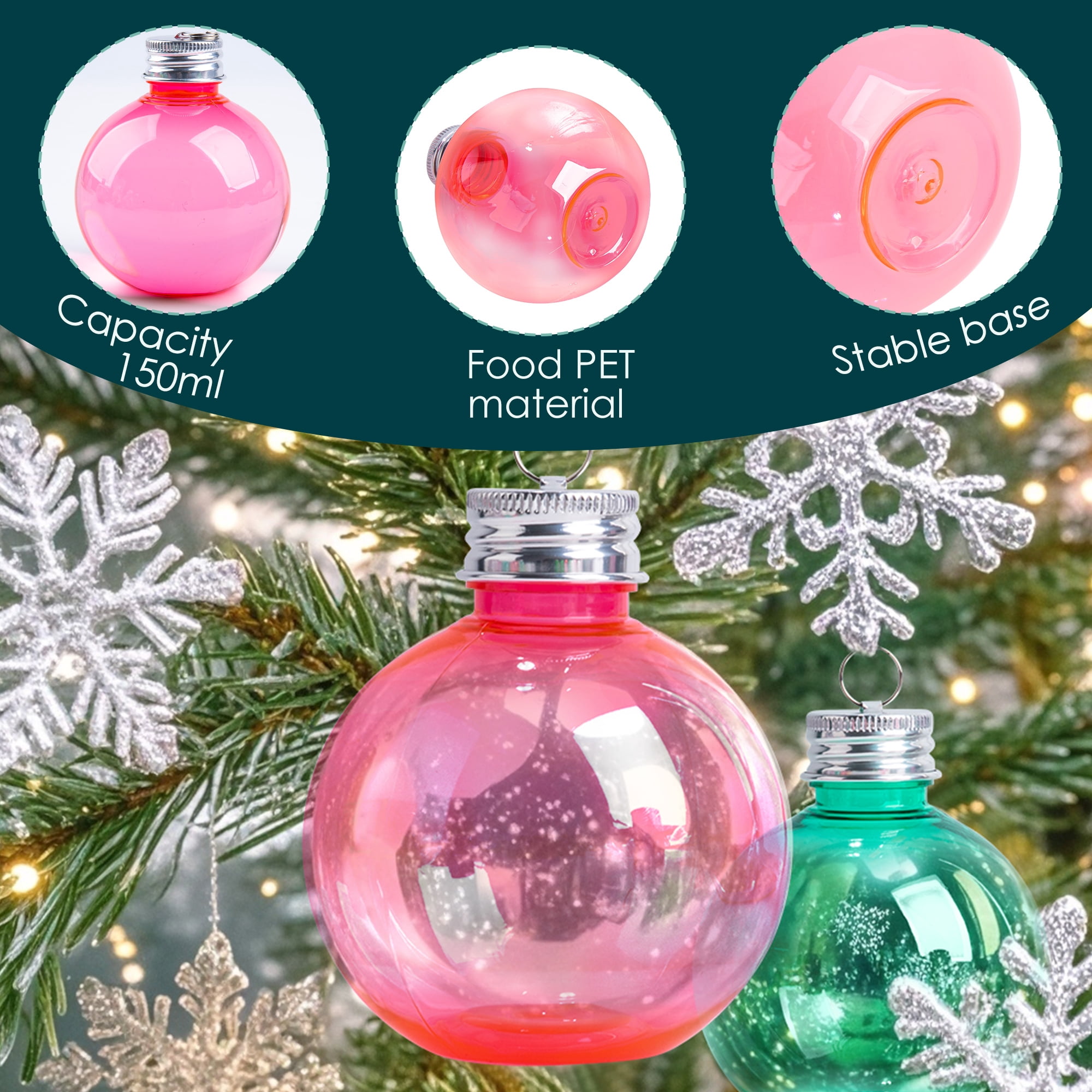 Fillable Christmas Ornament Balls for Drinks, 5 oz Plastic Bulb Ornaments, 6 Pack Hanging Tree Decor for Holiday Gifts and Stocking Stuffers