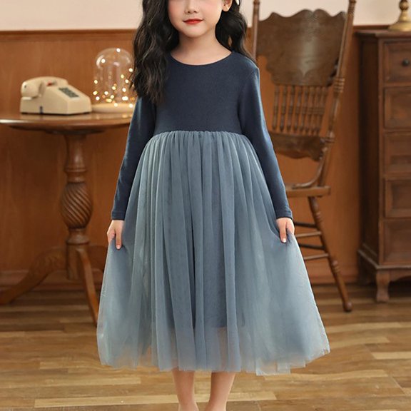 ATOGUTA Cute Dresses for Teen Girls Tulle Fall Winter Long Sleeve Ruffle Holiday Party Dress Blue, Size 4T-16