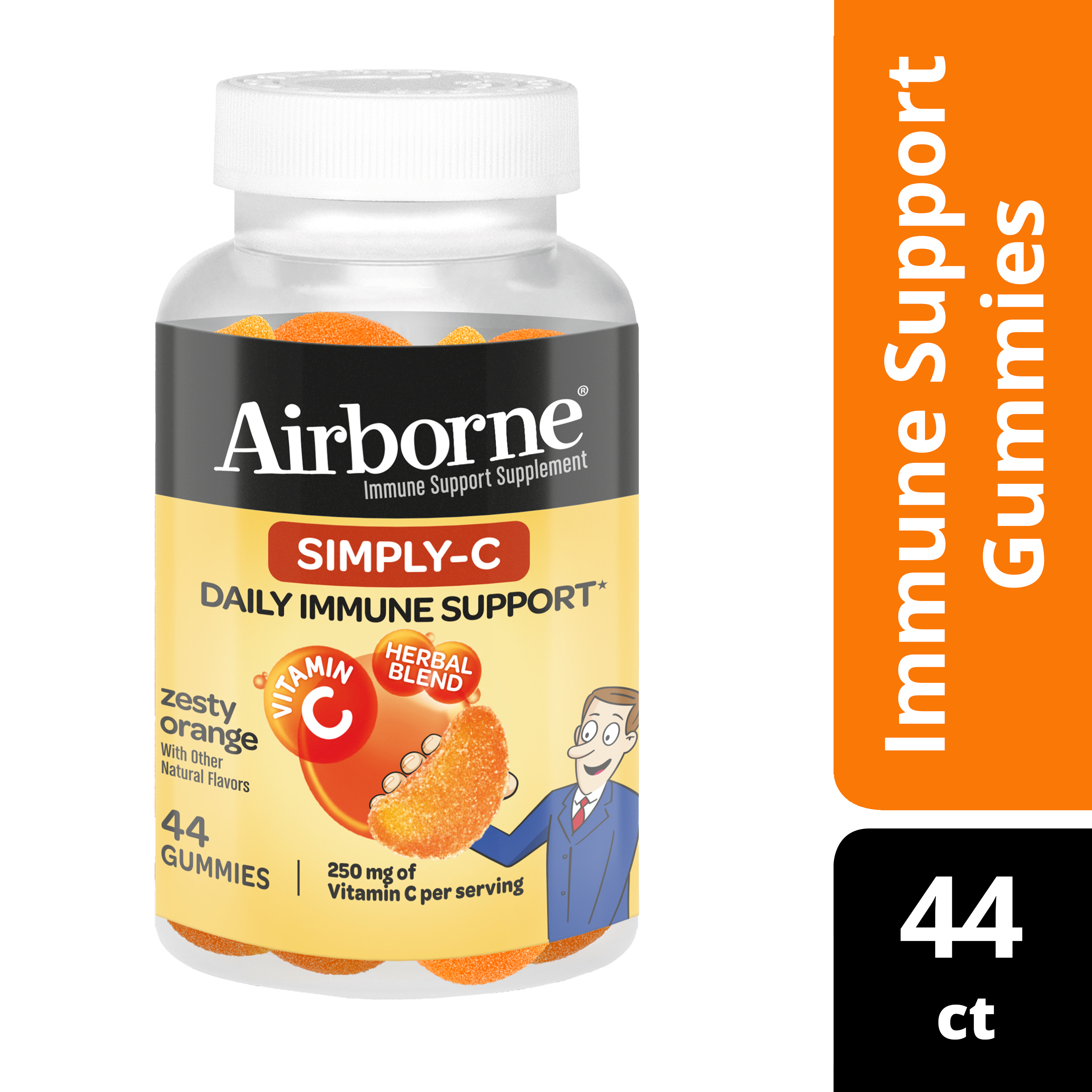 Airborne Simply-C Zesty Orange Gummies, 44 count – 250mg of Vitamin C (per serving), Gelatin Free Daily Immune Support Supplement With Vitamin C, Antioxidant