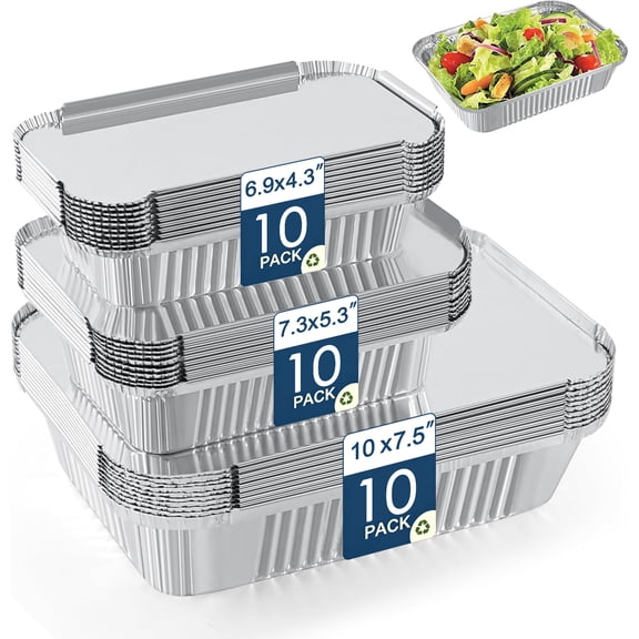 30 Pack Disposable Aluminum Pans With Lids, 10x7.5 And 7.3x5.3 Square Metal Pans 6.9x4.3 Small Aluminum Tin Foil Pans Combo Set, Disposable Baking and Cake Pan for Freezer Meal Prep,Food Cooking