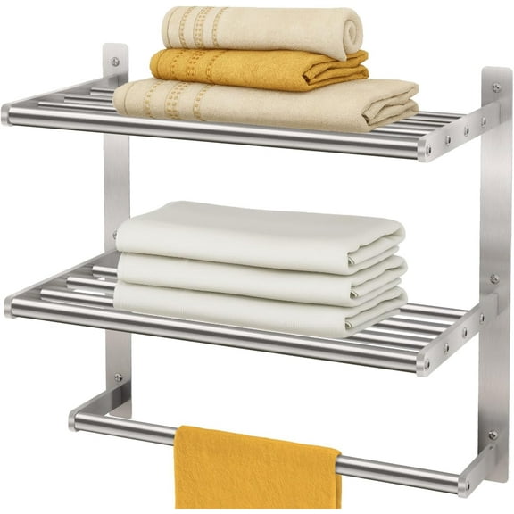 Towel Shelf for Bathroom Wall Mounted, 3-Tier Hotel Style Towel Rack with Towel Bars, Brushed Nickel Towel Racks for Bathroom Lavatory, 16 Inch