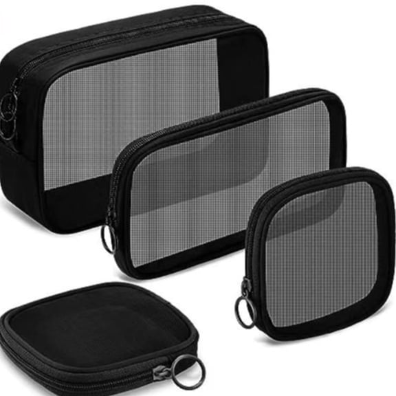 Set of 4 Mesh Makeup Bags, Travel Toiletry Pouches with Zipper for Daily Accessories, Small, Large, Medium, Black