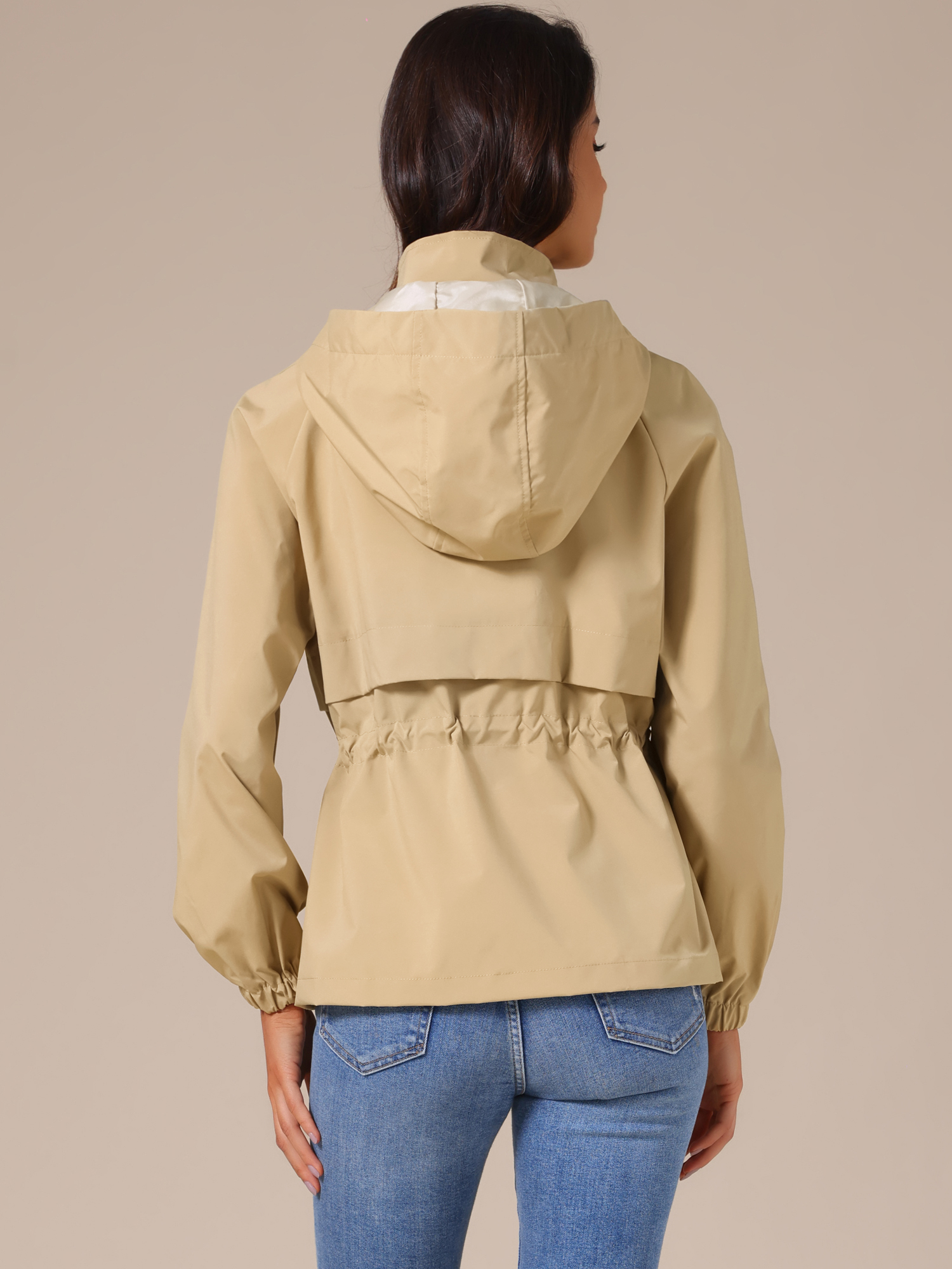 DARING DIVA Zipper Lightweight Hiking Hooded Windbreaker Raincoat 2XL Khaki