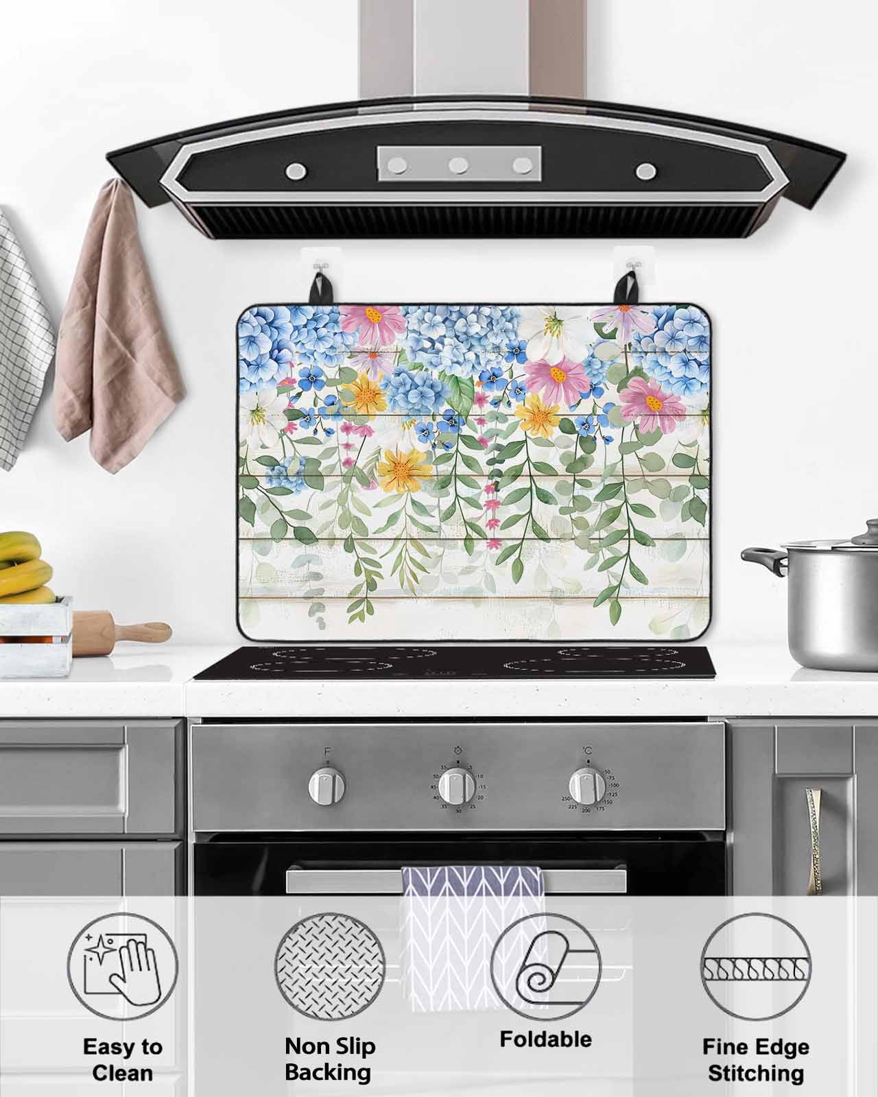 nqOlkjepod Large Induction Cooktop Protector Mat 36"x21", Blue Spring Floral Stove Top Covers for Electric Stove, Summer Botanical Pastoral Wooden Stove Burner Cover Mats, Glass Top Stove Cover
