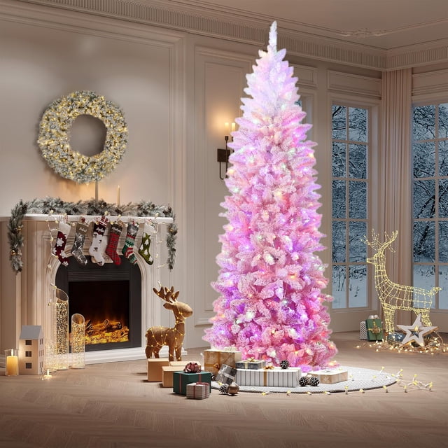 Bingirl 4ft 6in Prelit Pink Gradient Snow Flocked Pencil Christmas Tree - Holiday Decoration with 100 Dual Color LED Lights, 320 Branch Tips & Metal Stand