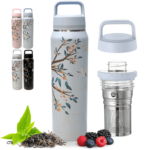 Farasi Wide Mouth Insulated Stainless Steel Water Bottle with Infuser - Coffee, Fruit, Loose Leaf Tea Infuser Bottle - Leakproof Built In Handle Blue Floral 24 oz (Blue)