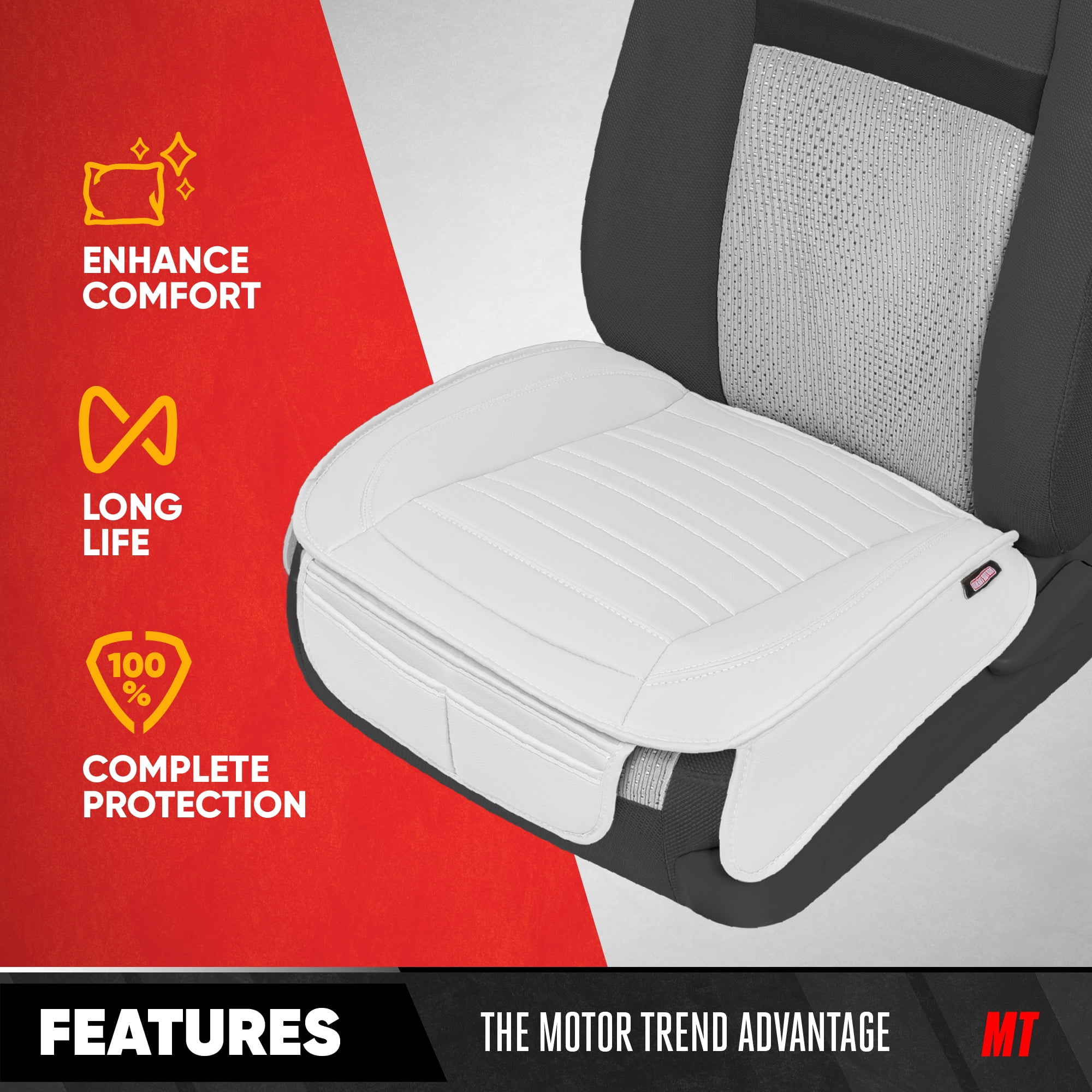 Motor Trend Faux Leather Front Car Seat Covers, Set of 2 with Storage Pockets, Bottom Cushion Auto Protectors, Universal for Car Truck SUV Van, White