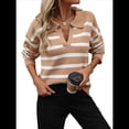 thumbnail image 2 of Suéter de Rayas para Mujer, Moderno Jersey de Punto con Cuello en V y Larga, Jersey Holgado, Prendas de Punto. Caqui S, 2 of 9