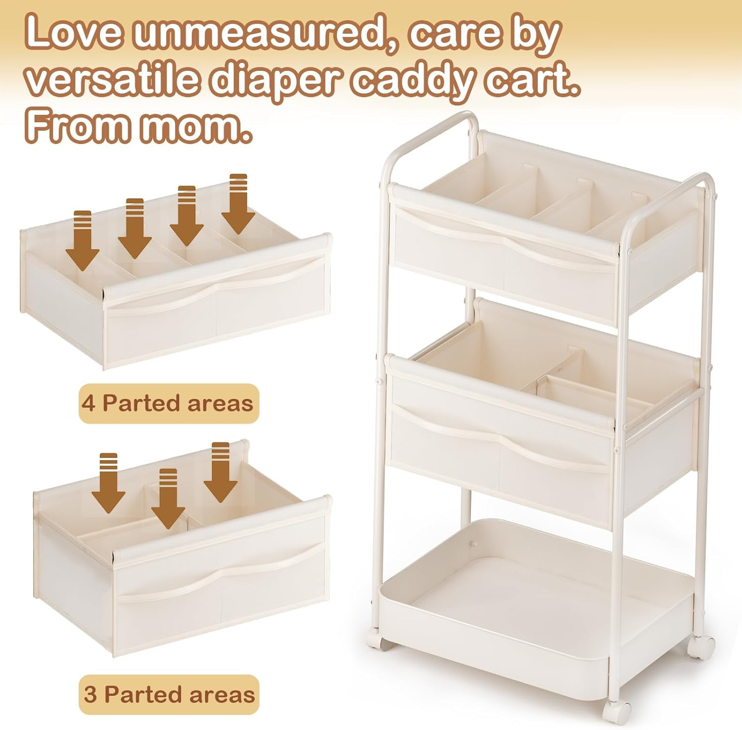 Baby Diaper Caddy, Premium Metal& Felt Movable Cart with Dividers for Newborn Nursery Essentials, Large Capacity Rolling Diaper Storage Caddy Organizer for Changing Table &Crib, Easy Assembly- Beige