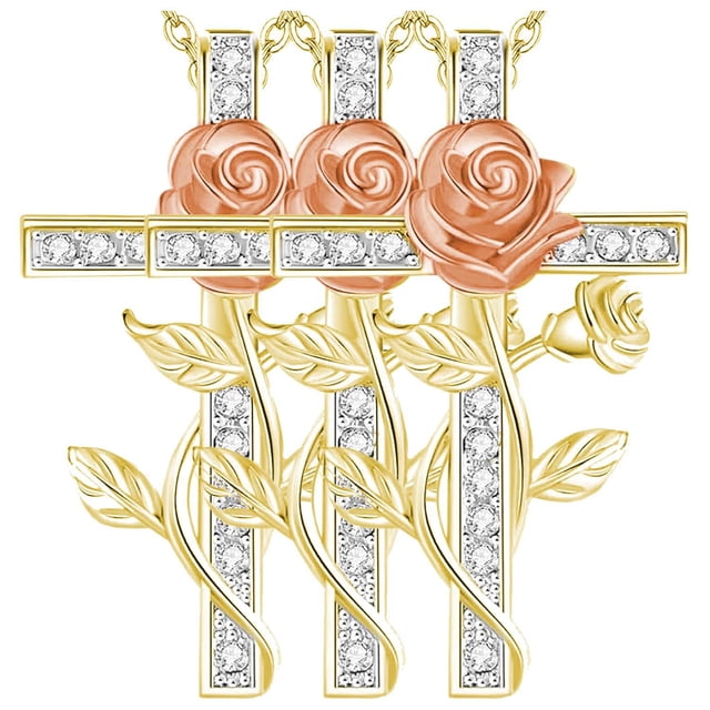 Cadenas Religiosos RoseGrace01 3Pzas Oro Collar Cruz/Rosa Dije 2x3cm Metal. High Monaco MXRAE-003