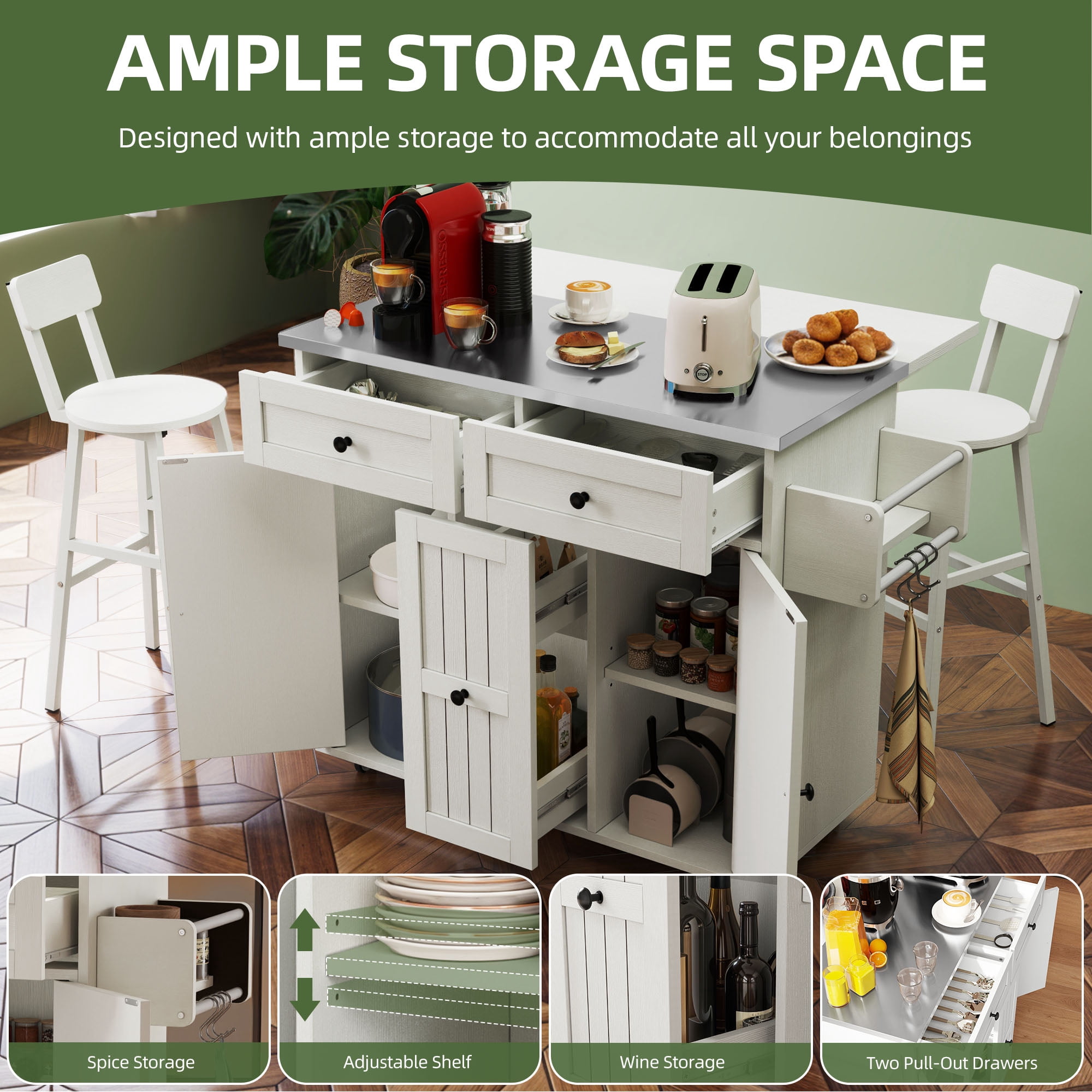 Uforic Modern Kitchen Island Table with 2 Chairs, Kitchen Island with Wheels & Large Storage, White