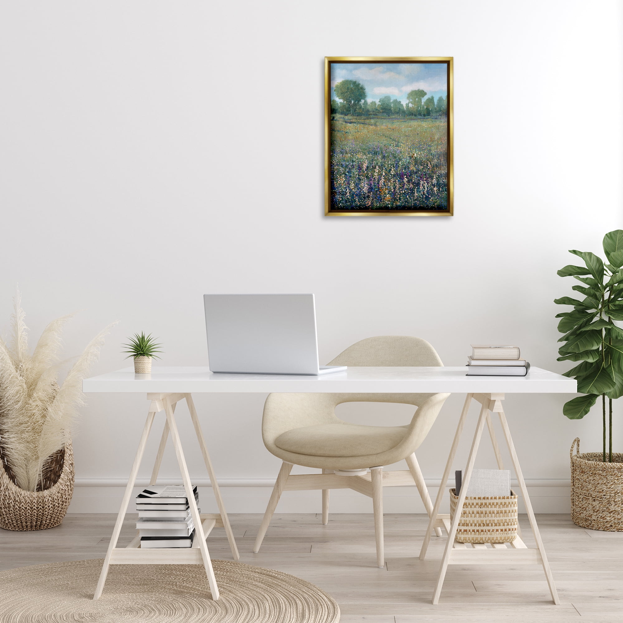 Stupell Industries Lilac & Wildflower Fields Landscape Painting Gold Floater Framed Art Print Wall Art, 17 x 21