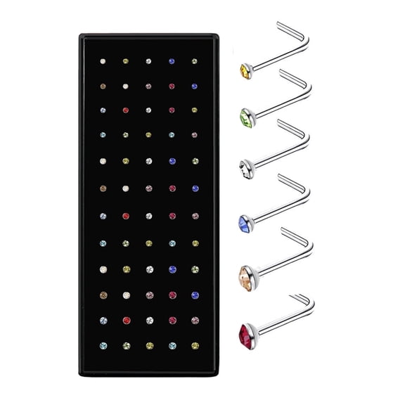 Firefly Hope 60-Pack 22G Colour L-Shaped Stainless Steel Nose Studs – 1.5mm/2mm/2.5mm Sizes, Piercing Body Jewelry Set