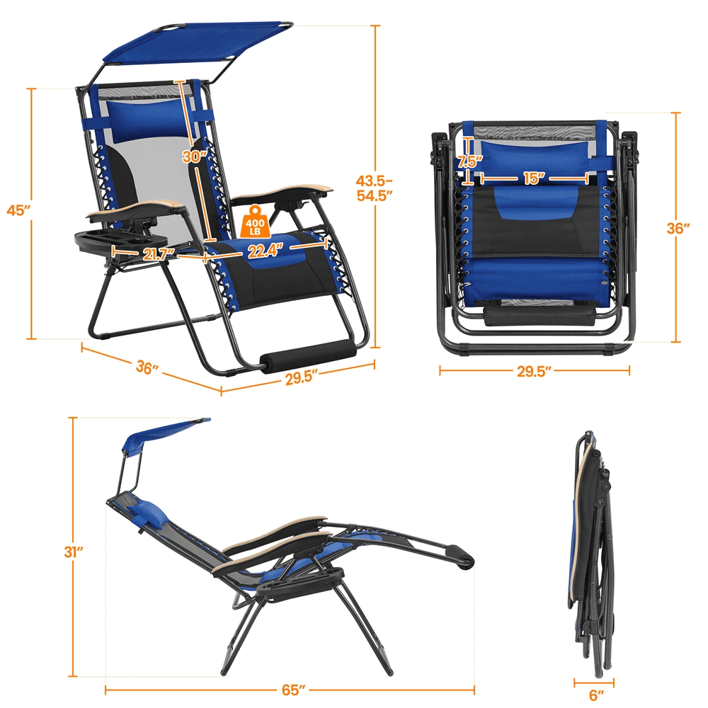 Alden Design 29in Foldable Zero Gravity Recliner with Sun Shade Cupholder/Pillow, Navy Blue/Black