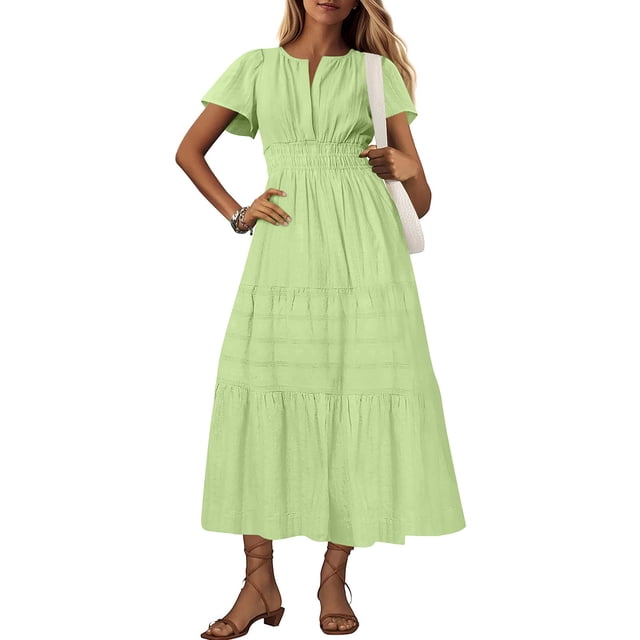 Robe d'Été pour Femmes DYTTDG Robe Unie à Manches Courtes Col en V Plissée Longue Robe Super Cadeaux à Petit Prix Vert,S