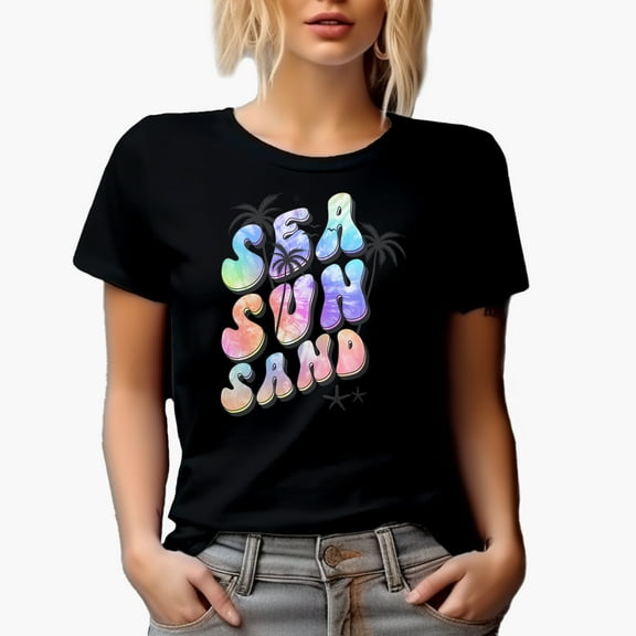 Sea, Sun and Sand, Palm Trees & Starfishes, Tie Dye Art Merch Gift, Black T-Shirt, Small