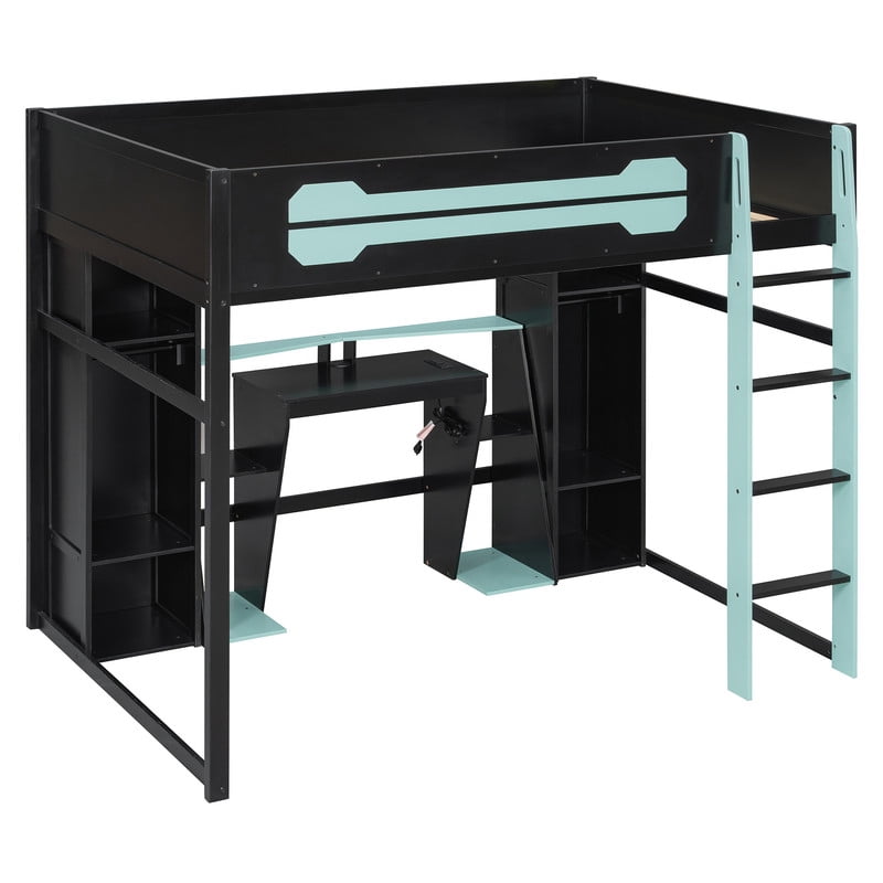 Full Size Wooden Gaming Loft Bed with Desk, RGB LED Lights, USB Charging Station, Wardrobe and Storage Cabinets, Space-Saving Loft Bed Frame with Workstation for Bedroom