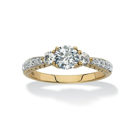 White Sapphire Frame Ring Round Created White Sapphire 3-Stone Promise Ring 1.31 TCW in 18k Gold over Sterling Silver ()