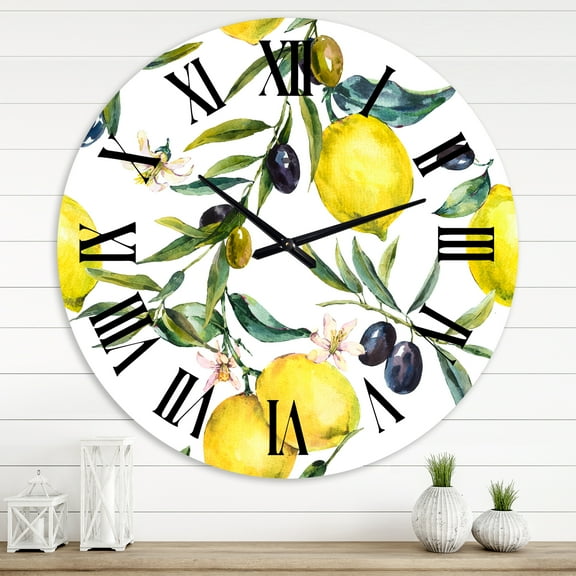 Designart 'Lemon And Olive Branches Ii' Tropical Wall Clock