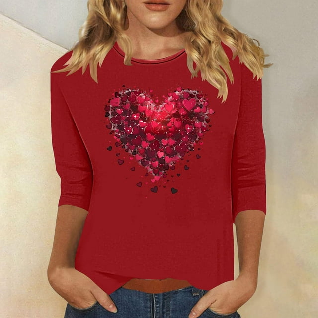 Jienlioq Chandail en Molleton de la Saint-Valentin pour Femmes Imprimé Décontracté Col Rond Manches 3/4 Rouge G