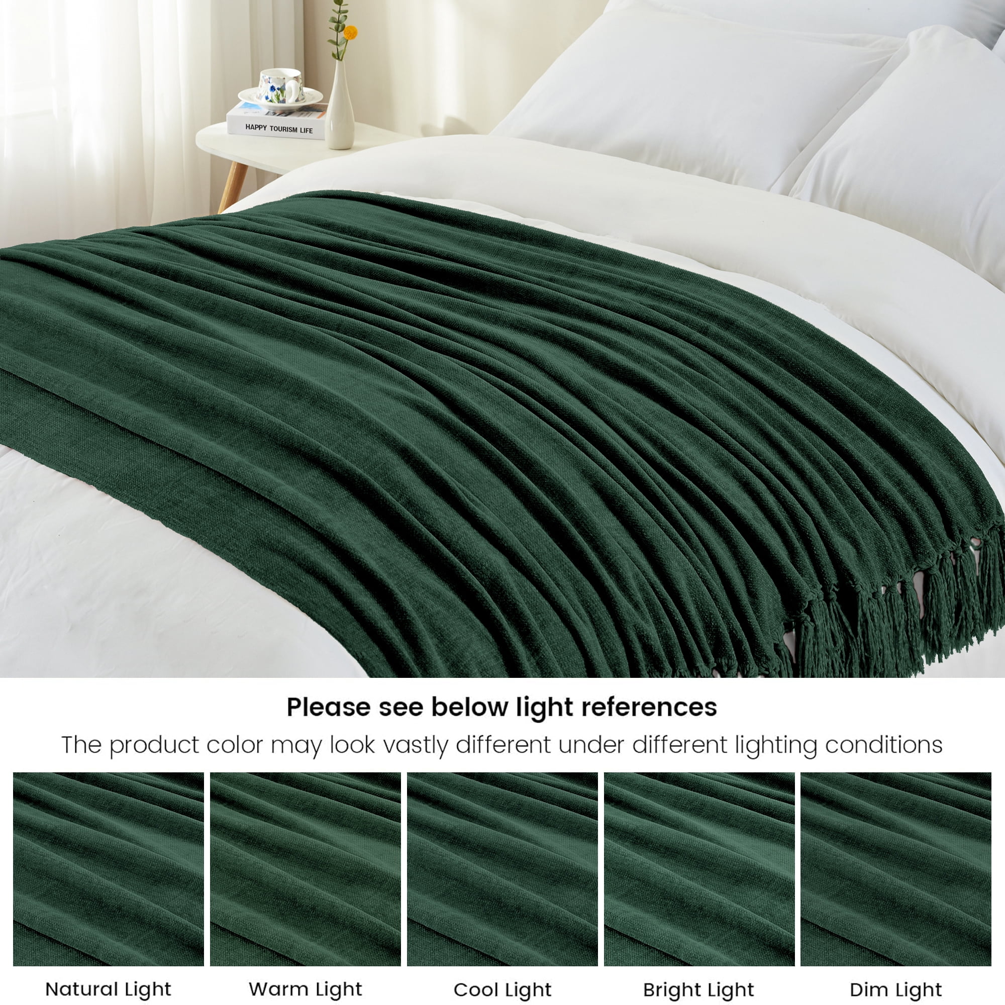 LONG CREATE Chenille Throw Blanket with Fringe Tassel for Couch Sofa Chair Bed, Dark Green 50" x 70"