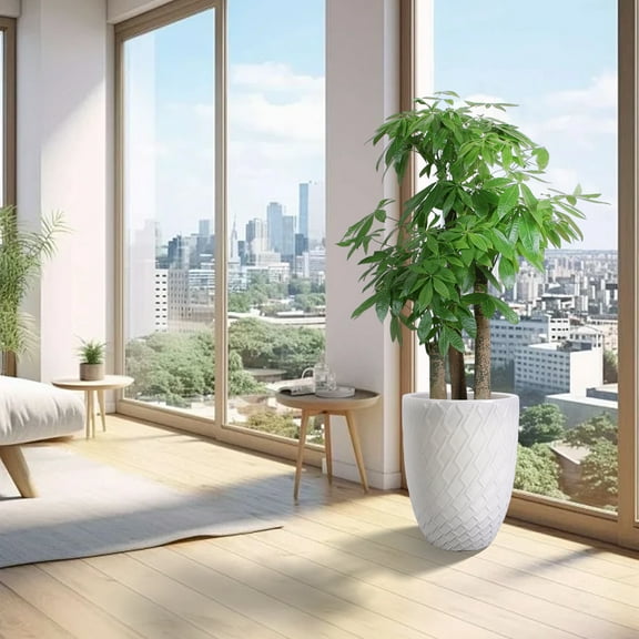 Ceramic Flowerpot, Contemporary Planter for Patio, Garden, Windowsill - White | Glossy milk white ceramic, built-in drainage, indoor or outdoor use, 16.54" by 16.54" by 21.26"