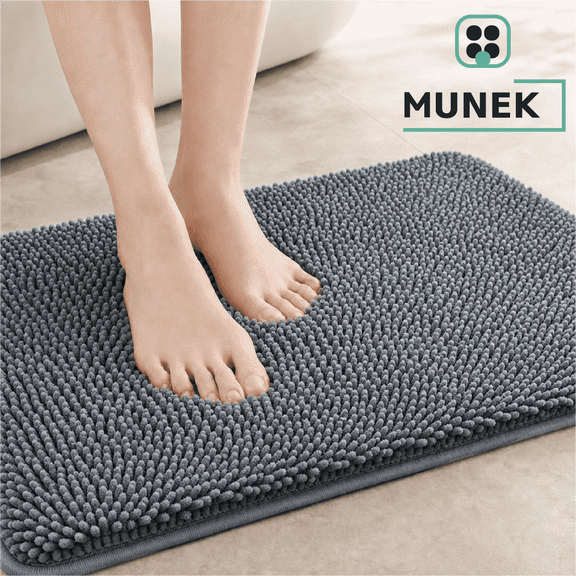 MUNEK Chenille Bath Rug, 16 x 24 in, Soft Absorbent with Rubber Backing, Gray