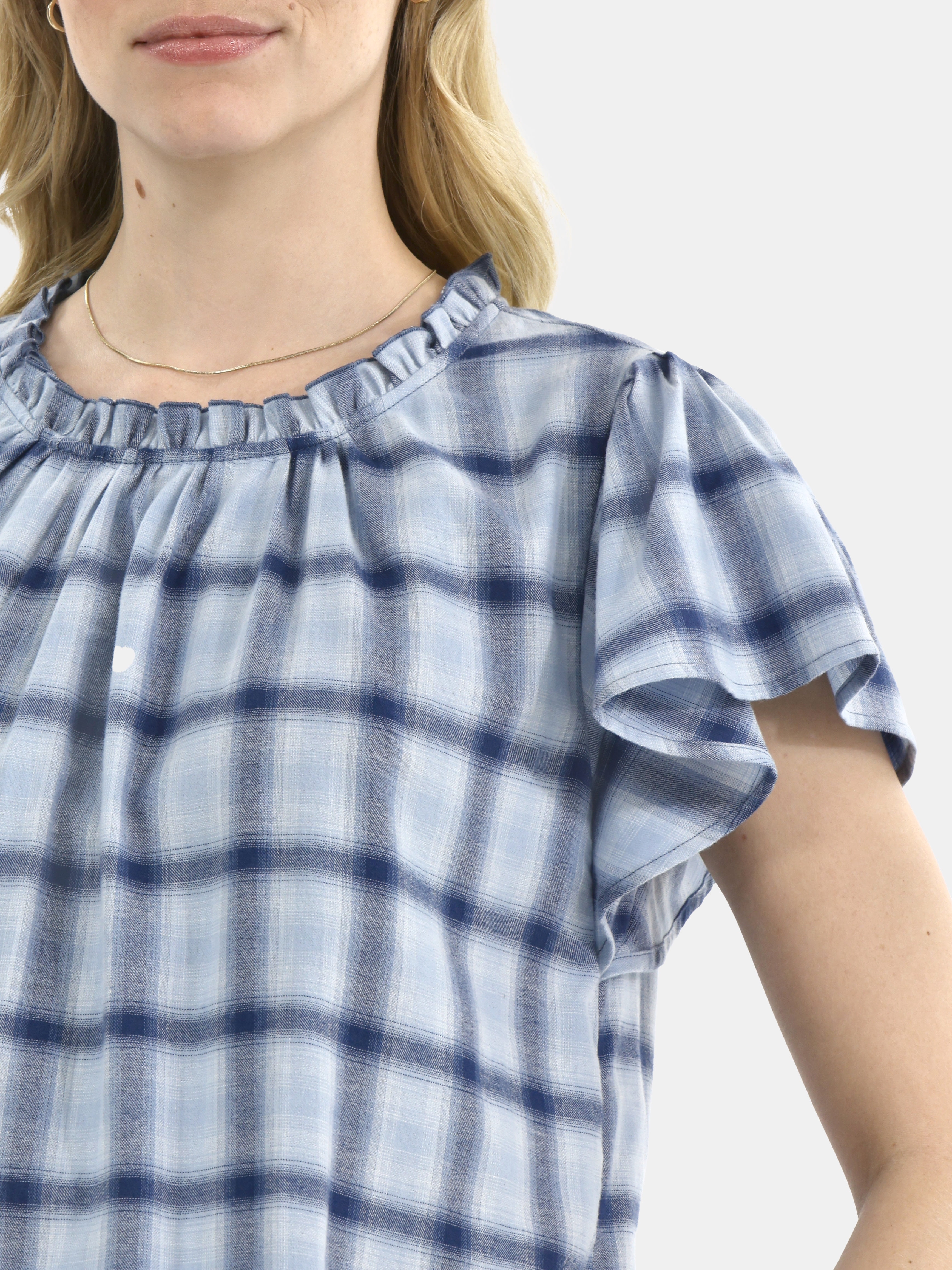 Time and Tru Women's Cotton Ruffle Neck Blouse with Flutter Sleeves, Sizes XS-XXXL