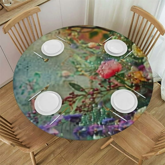 Round Tablecloth Fitted Table Cloth with Elastic Edge for Round Table, Watercolor Floral Circular Table Cover Waterproof Wipeable Table