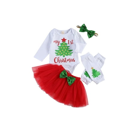 

luethbiezx Newborn Baby Girls Christmas Five-piece Jumpsuit Tutu Headband Leg Set