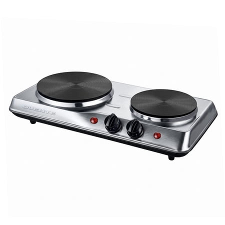 OVENTE Electric Countertop Double Burner, 1700W Cooktop with 7.25" and 6.10" Cast Iron Hot Plates, Temperature Control, Portable Cooking Stove and Easy to Clean Stainless Steel Base, Silver BGS102S