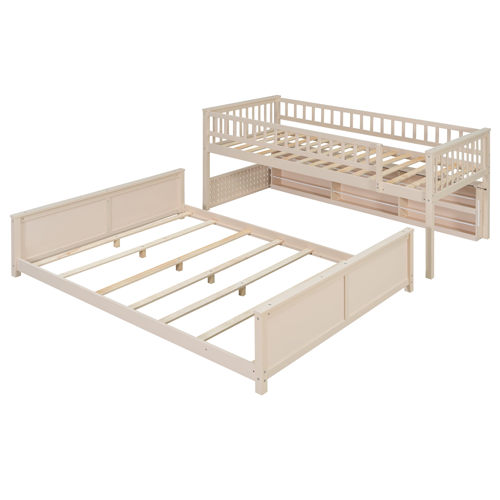 Twin XL over Queen Bunk Bed with Integrated Side Storage Shelves and Color-Changing LED Lights, Solid Wood Bunk Bed Frame with Integrated Shelving and Pegboard for Kids Teens Adults