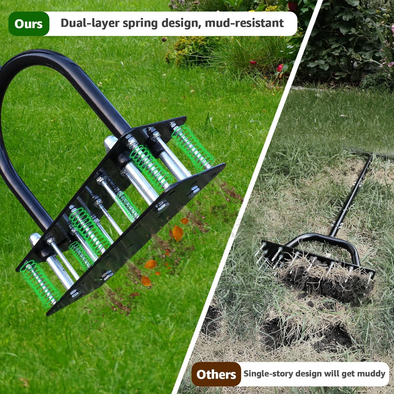 Lawn Aerator, Automatic Dirt and Leaf Clean Design, Heavy Duty Manual Aerator Tool with 15 Iron Spikes, Height Adjustable, Yard Grass for Lawn(Black)
