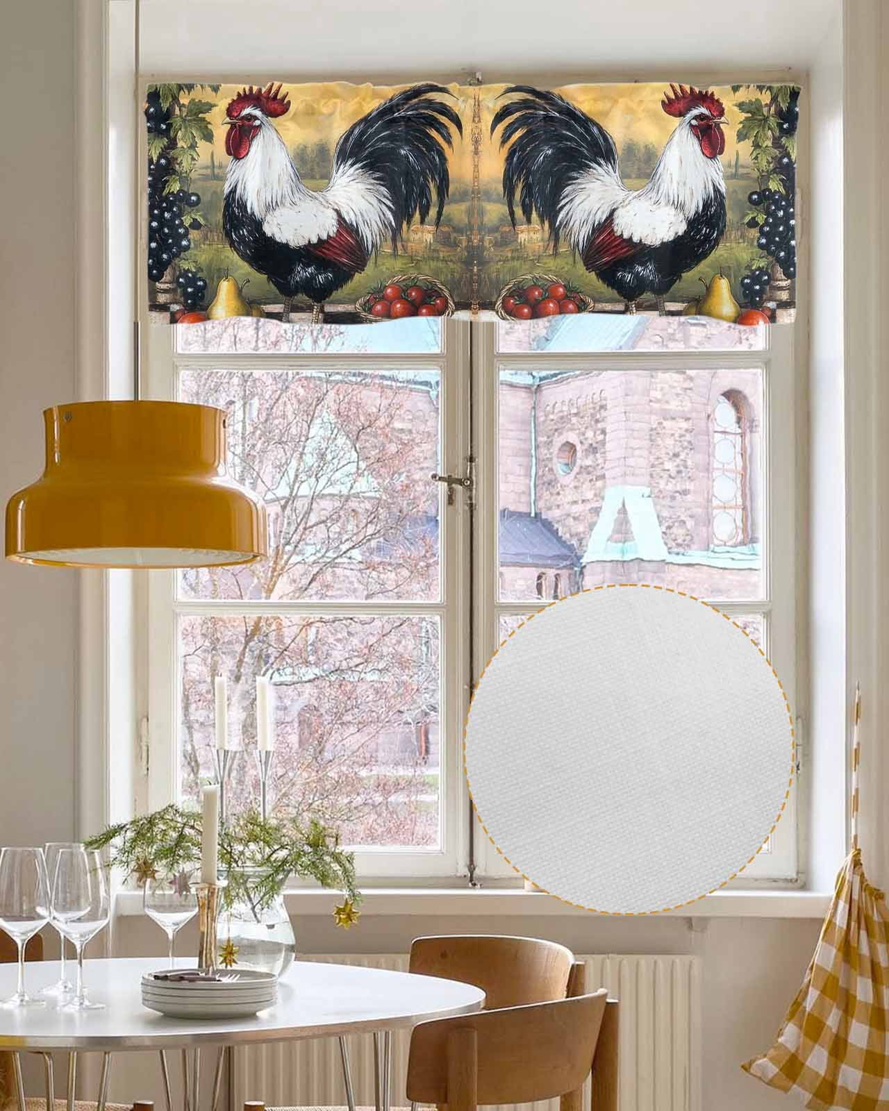 Black White Vintage Rooster Kitchen Valances for Windows Farmhouse Linen Window Valance Curtain for Living Room Window Treatment Pastoral Animals Watercolor Valance Rod Pocket Topper, 60 x 18 Inch