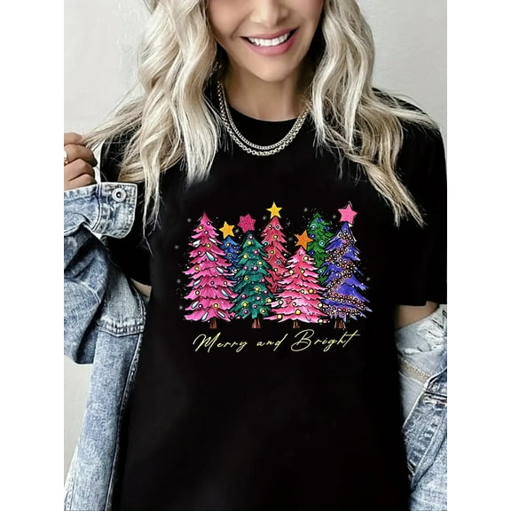 Christmas Trees Print Merry Christmas Shirt Short Sleeve Shirts for Women Black One-Piece