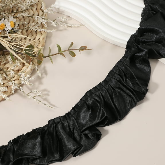 Uxcell 5.5 Yards 3D Pleated Chiffon Lace Trim 2" Satin Ruffle Ribbon Pleated Sewing Fabric Trim for Headwear Dress Bag Wedding Dress Home Decoration, Black