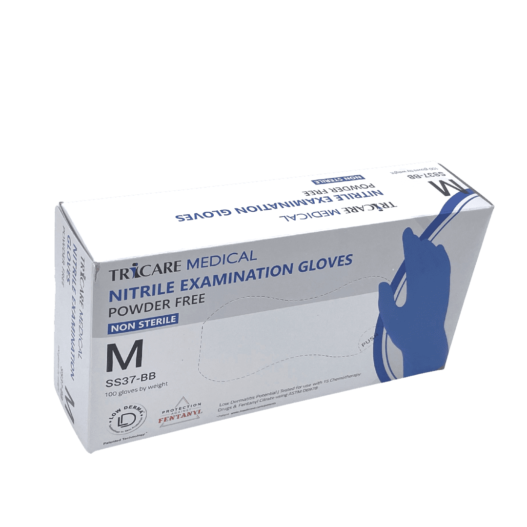 TRICARE MEDICAL, Nitrile Exam Gloves, Low Derma, Chemo Drug Tested, 4.7 Mil, Blue, Box of 100, Medium