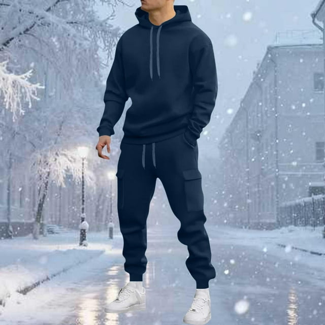 Ceisia Men's Solid Color Hooded Tracksuit Set with Cargo Pockets for Casual & Sports Wear Navy S Gifts