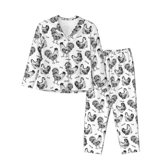 Balery Retro Rooster Conjunto de Pijama con Estampado para Mujer, Conjunto de Dos Piezas con Manga Larga, Ropa de Dormir Suave con Bolsillos, Pijamas Cómodos-Medium