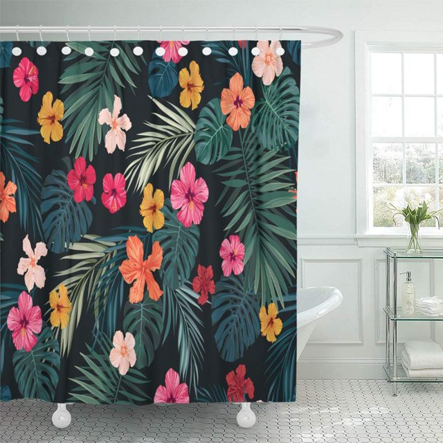 ABPHQTO Patrón tropical con flores de hibisco brillantes y hojas de palmera exóticas en la cortina de ducha de baño oscura 165x180 cm ABPHQTO PKNMT66x72Shower-7685