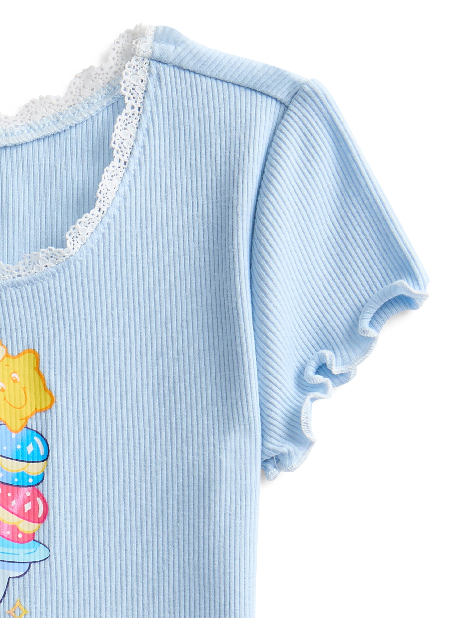 Care Bears Girls Purl Edge Graphic Tee with Short Sleeves, Sizes 4-16