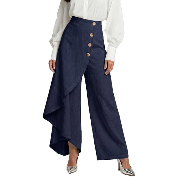 Wide Leg Pants Woman Plus Size Fashion Asymmetrical Wrap Button Wide Leg Pants with Pockets Trendy Womens Clothes