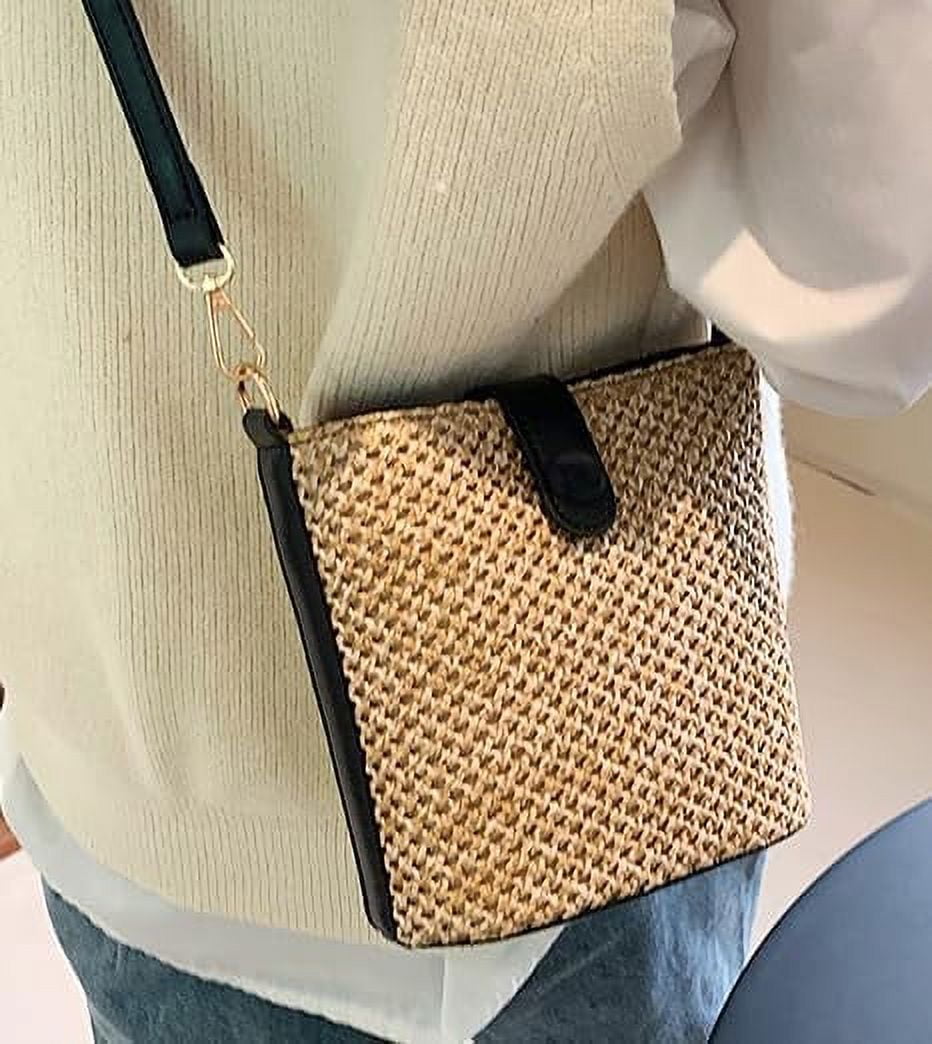 CAILDANL Women Straw Crossbody Bag Beach Handmade Rattan Shoulder Bags Hand Woven Leather Straps Straw Clutch Purse Vacation