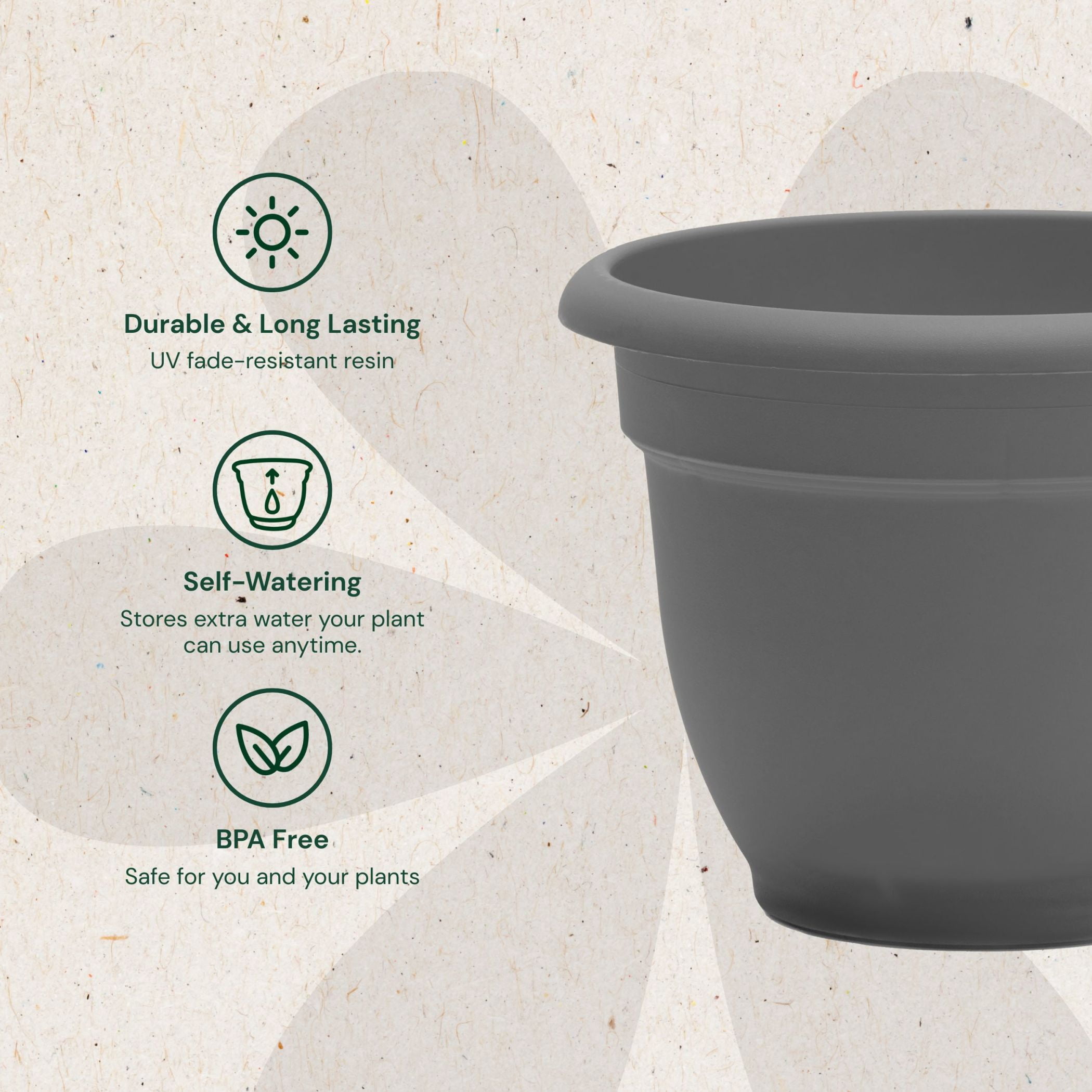 (4 pack) Bloem Ariana 12" Self-Watering Plastic Planter - Rolled Rim Indoor/Outdoor Garden Pot, Charcoal
