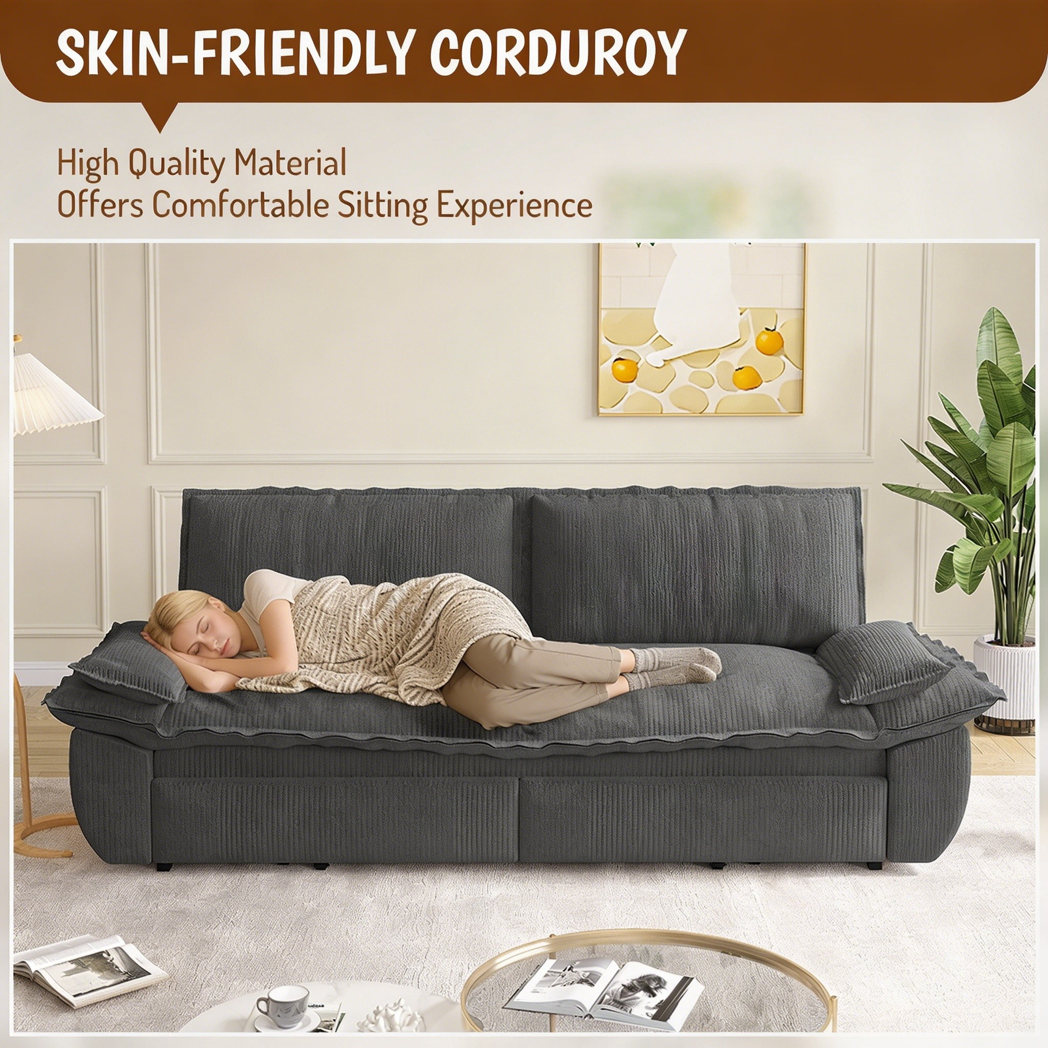 Multi-Functional Corduroy Convertible 3-in-1 Sofa Bed, Queen Size Loveseat Sleeper Couch, Dark Grey