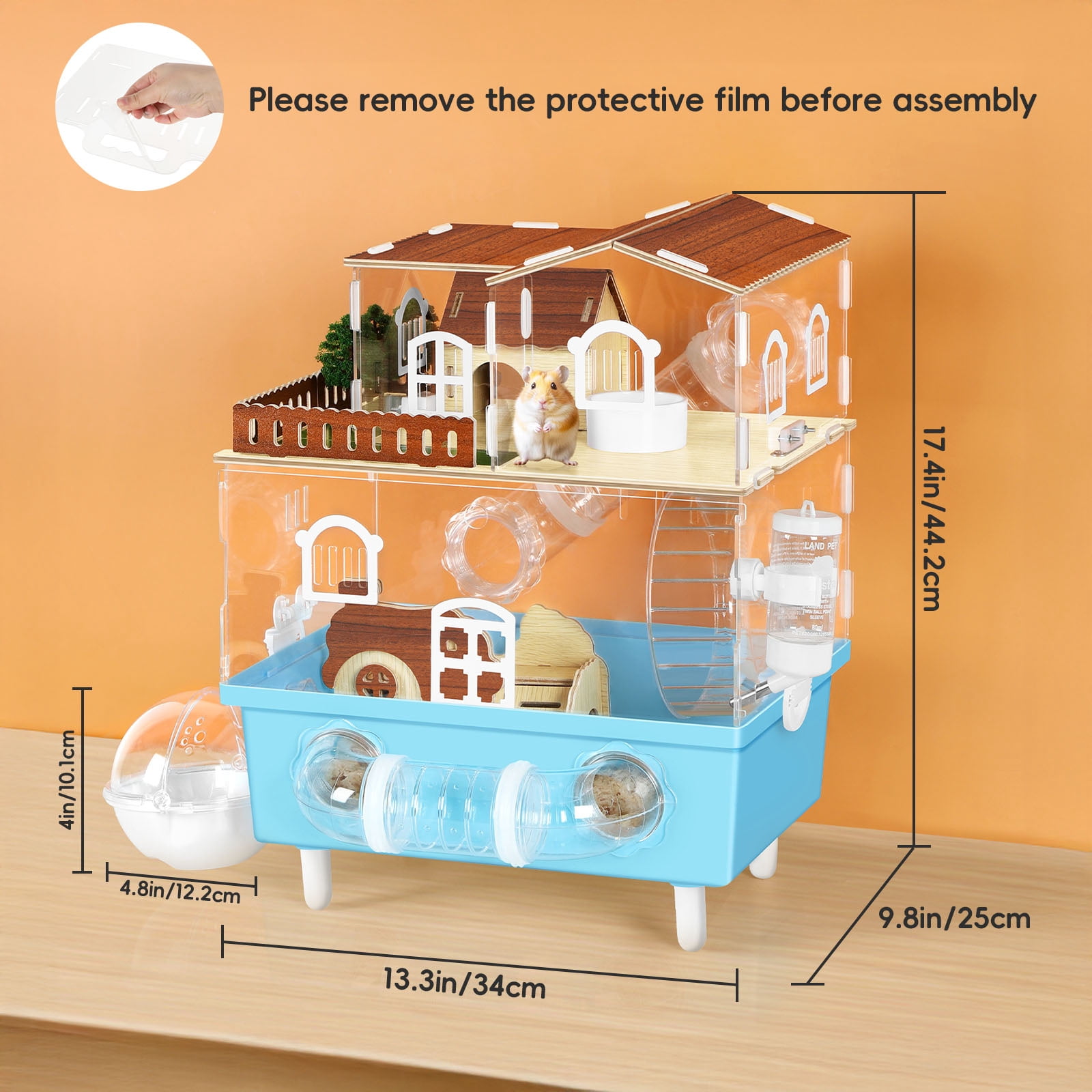 2-Tier Acrylic Hamster Cage Starter Kit, Small Animal Habitat with Hidden Houses, Tunnels, Silent Wheel, Water Bottle & Bath Area, 360° Transparent, Easy Clean