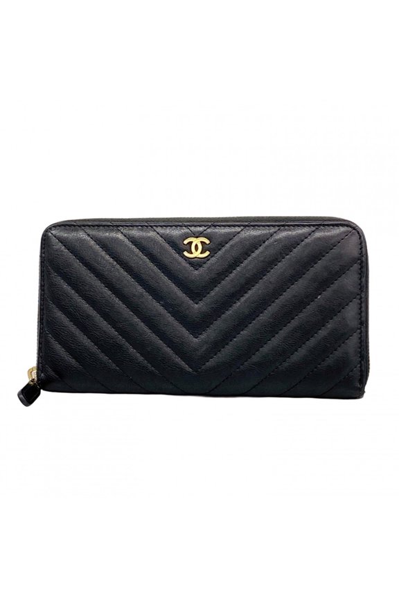 Pre-Owned Chanel Long Wallet, Chevron Leather, Black, Women's OP008999