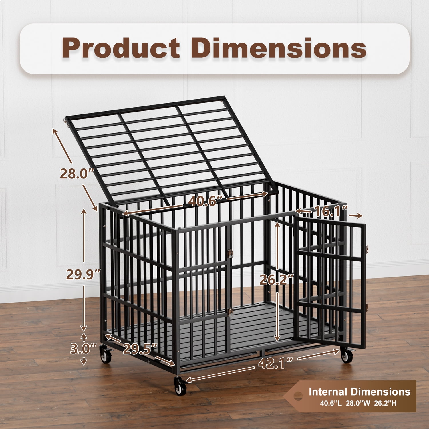 42 Inch Heavy Duty Dog Crate with Wheels，Indestructible Escape-Proof Dog Cage for Large Dogs, Extra Large XL XXL Indestructible Dog Crate with Removable Tray.