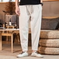 thumbnail image 2 of safuny Men's Cropped Pants Joggers Wide Leg Trousers Workout Causal Solid Color Elastic Waist Drawstring Pants Beach Cotton Wrinkled with Pockets Summer Beige L, 2 of 8